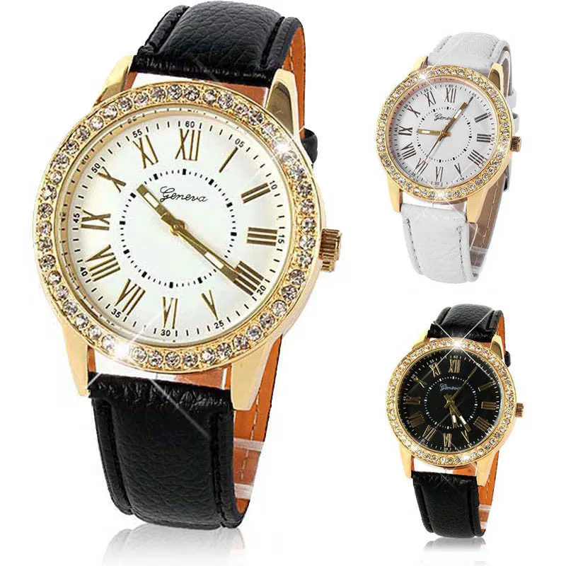 High Quality Durable Bling Gold Crystal Women Luxury Leather Strap Quartz Wrist Watches Relojes Mujer Large Discount