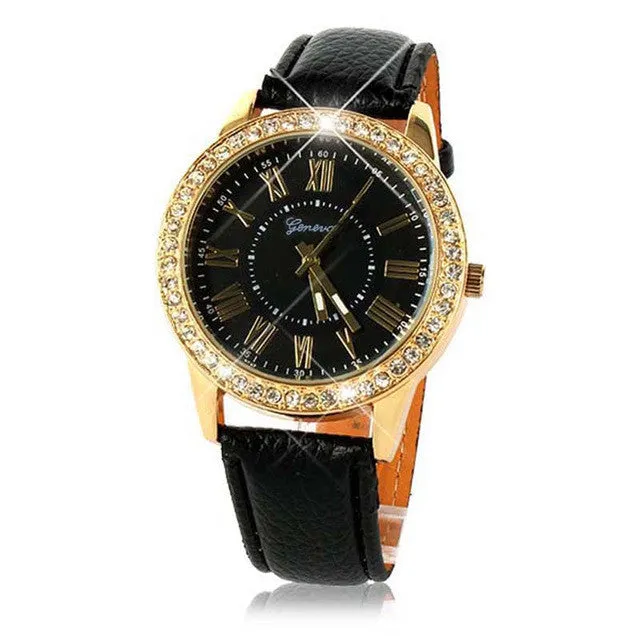 High Quality Durable Bling Gold Crystal Women Luxury Leather Strap Quartz Wrist Watches Relojes Mujer Large Discount