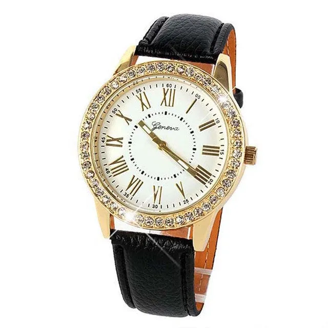 High Quality Durable Bling Gold Crystal Women Luxury Leather Strap Quartz Wrist Watches Relojes Mujer Large Discount