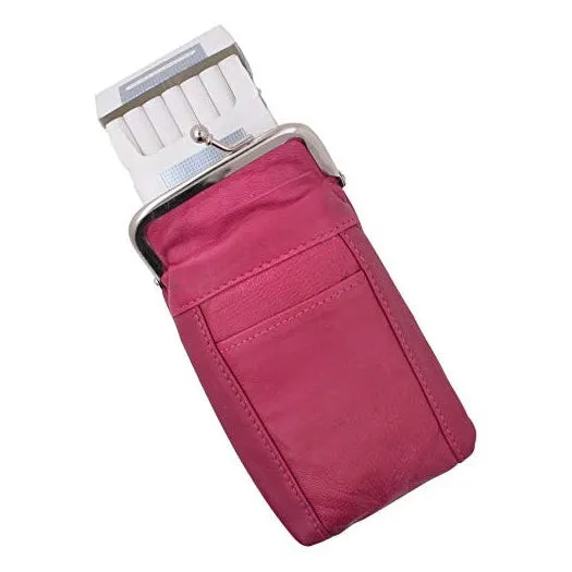 Hot Pink Genuine Leather Cigarette Holder with Lighter Pocket & Extra Back Pocket