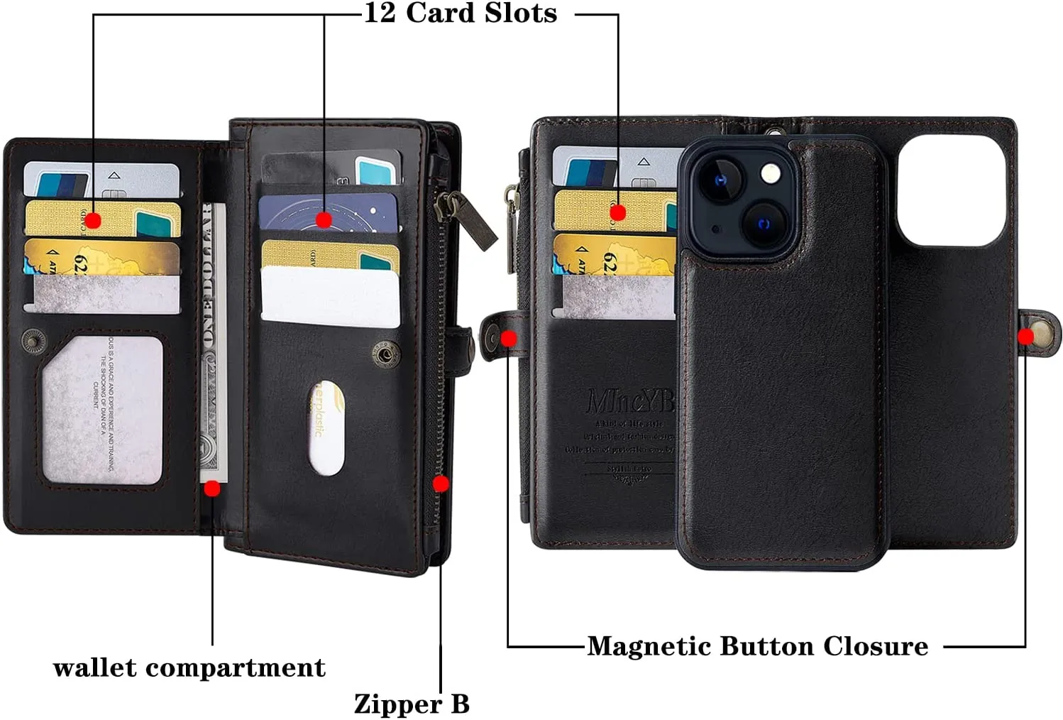 iPhone 14 Pro Max Wallet Case, Zipper Case Holder Slots Leather Cover Max