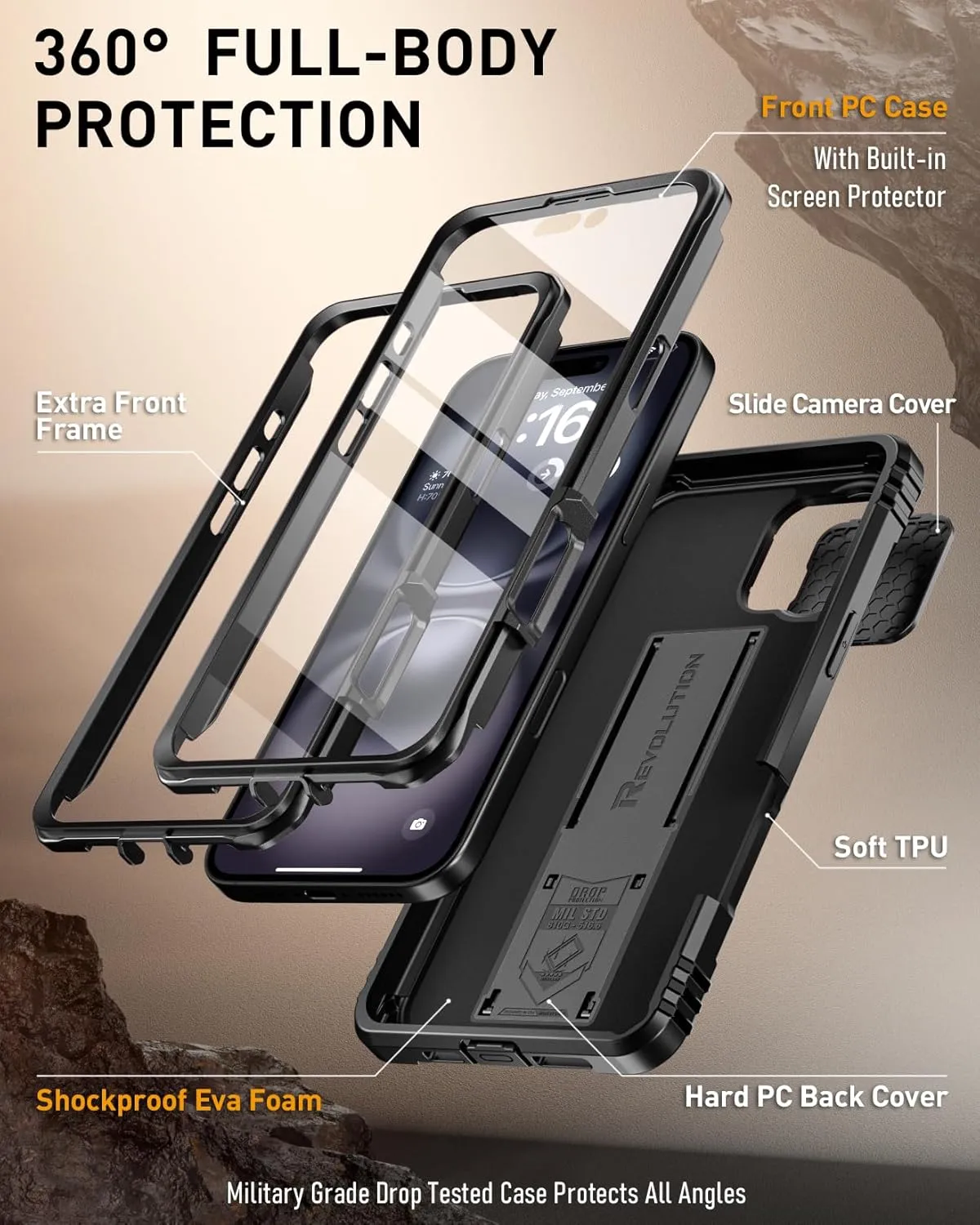 iPhone 16 6.1 inch Full-Body Military Grade Rugged Shockproof Cover Built-in-Screen Protector Black