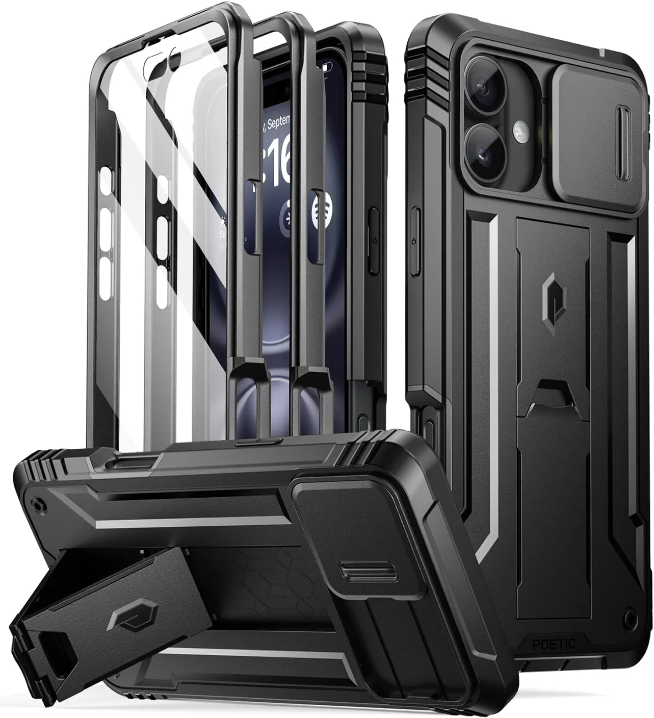 iPhone 16 6.1 inch Full-Body Military Grade Rugged Shockproof Cover Built-in-Screen Protector Black