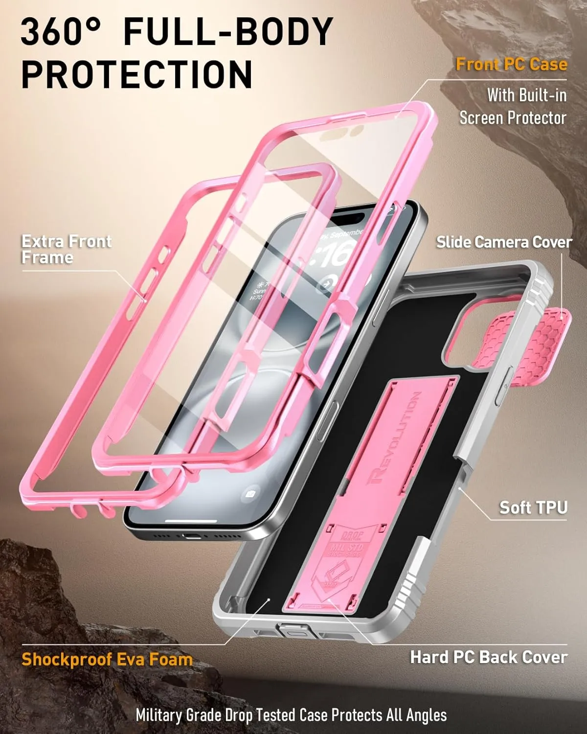 iPhone 16 6.1 inch Full-Body Military Grade Rugged Shockproof Cover Built-in-Screen Protector Black