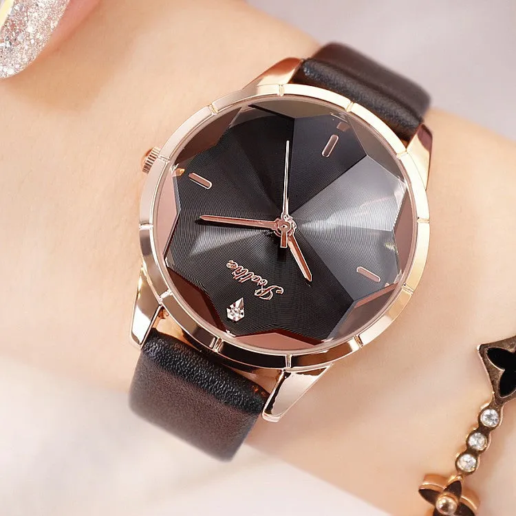 Irregular Mirror Leather Strap Women's Watch