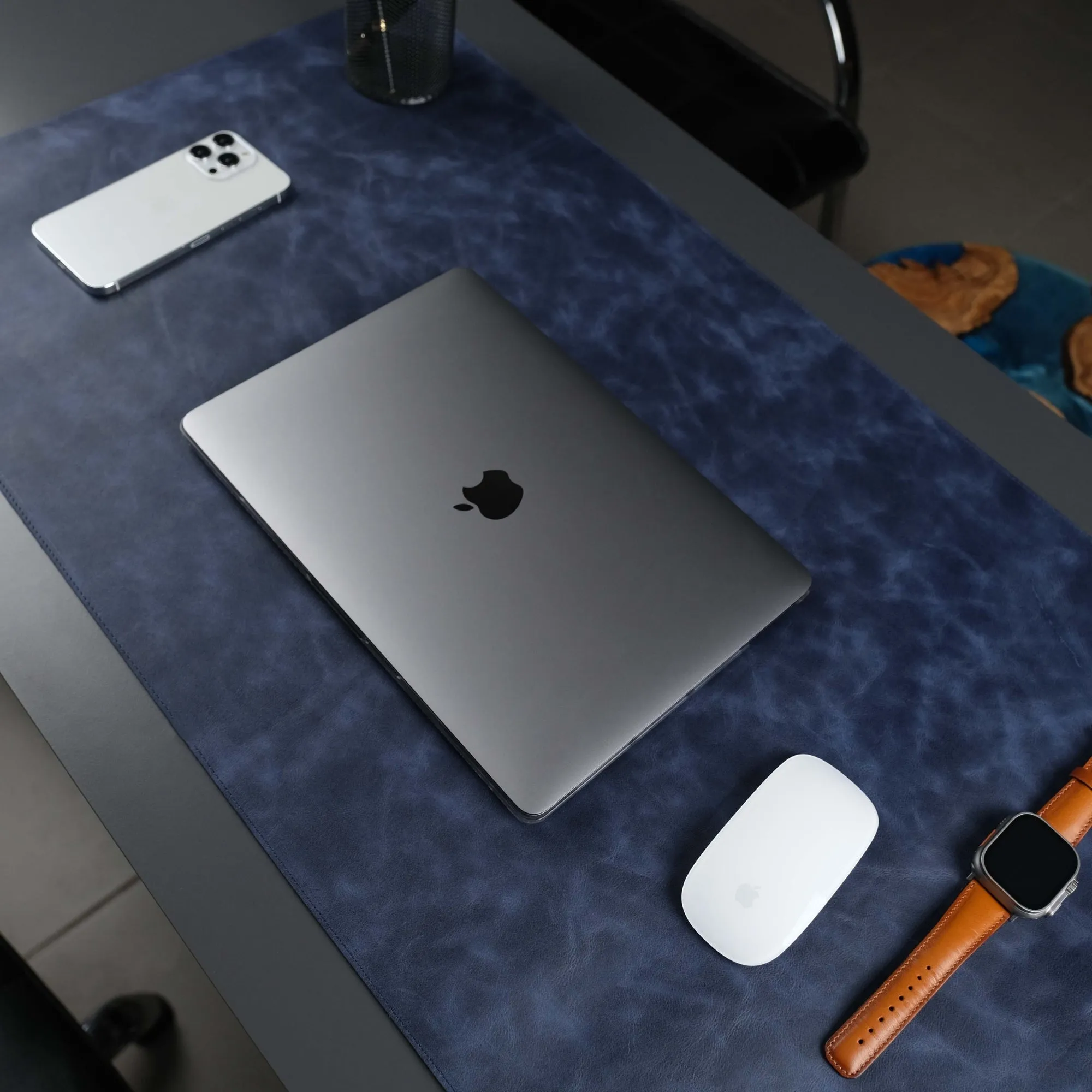 Jersey Navy Blue Leather Desk Pad for Office and Home