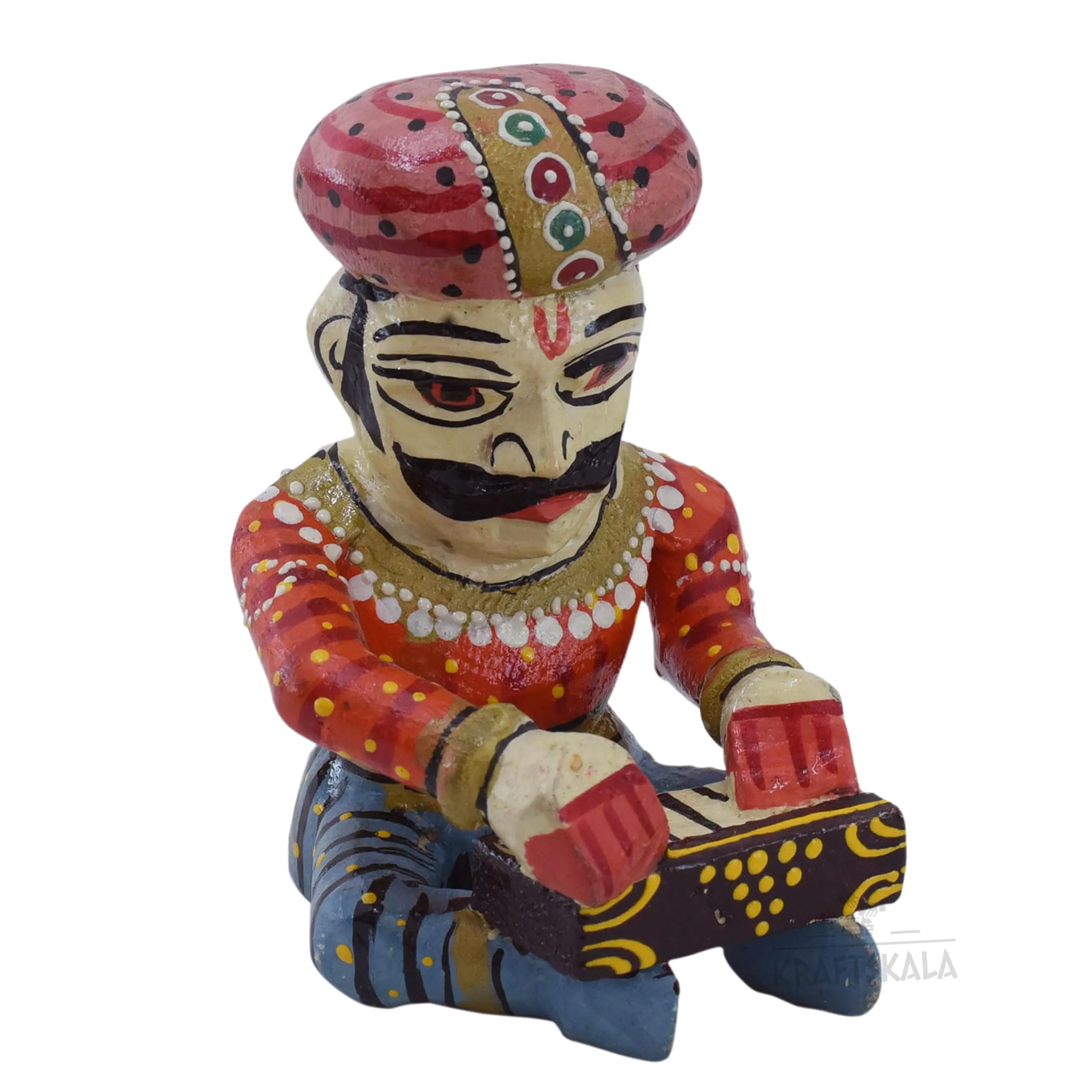 KRAFTSKALA Wooden Bawla Set Rajasthani Decor Item, 5 Folk Musical Showpieces for Living Room, Home, Office Decor (4 inch)