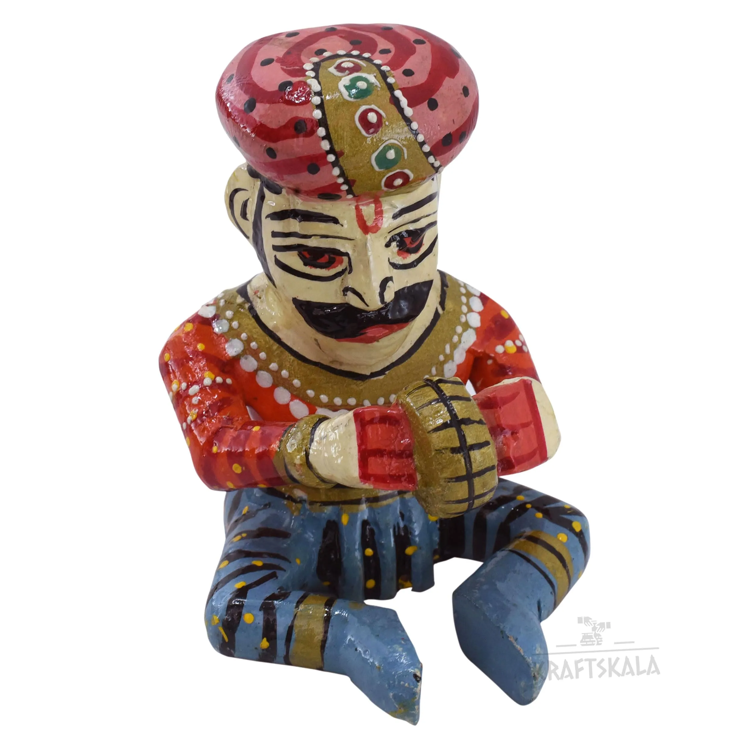 KRAFTSKALA Wooden Bawla Set Rajasthani Decor Item, 5 Folk Musical Showpieces for Living Room, Home, Office Decor (4 inch)