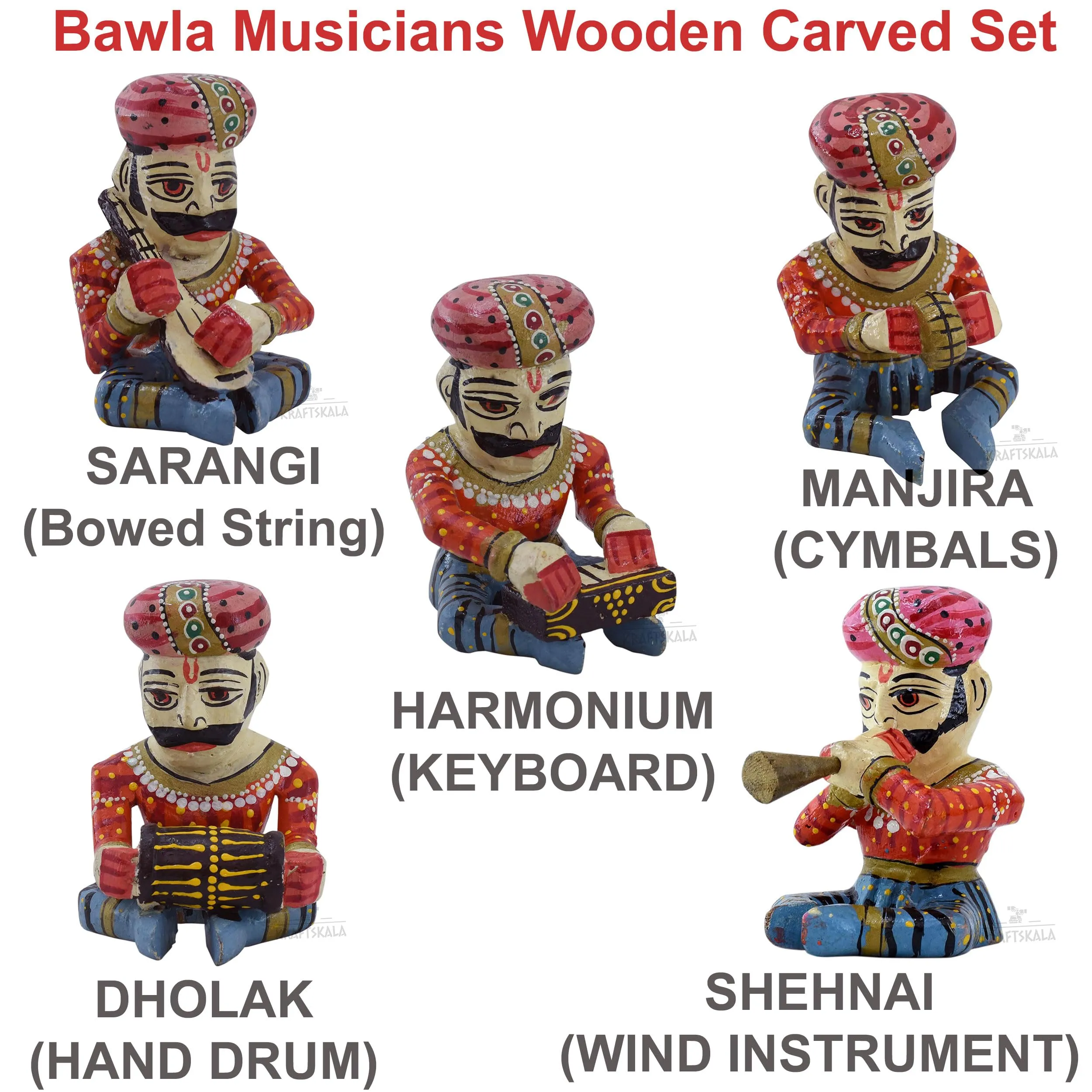 KRAFTSKALA Wooden Bawla Set Rajasthani Decor Item, 5 Folk Musical Showpieces for Living Room, Home, Office Decor (4 inch)