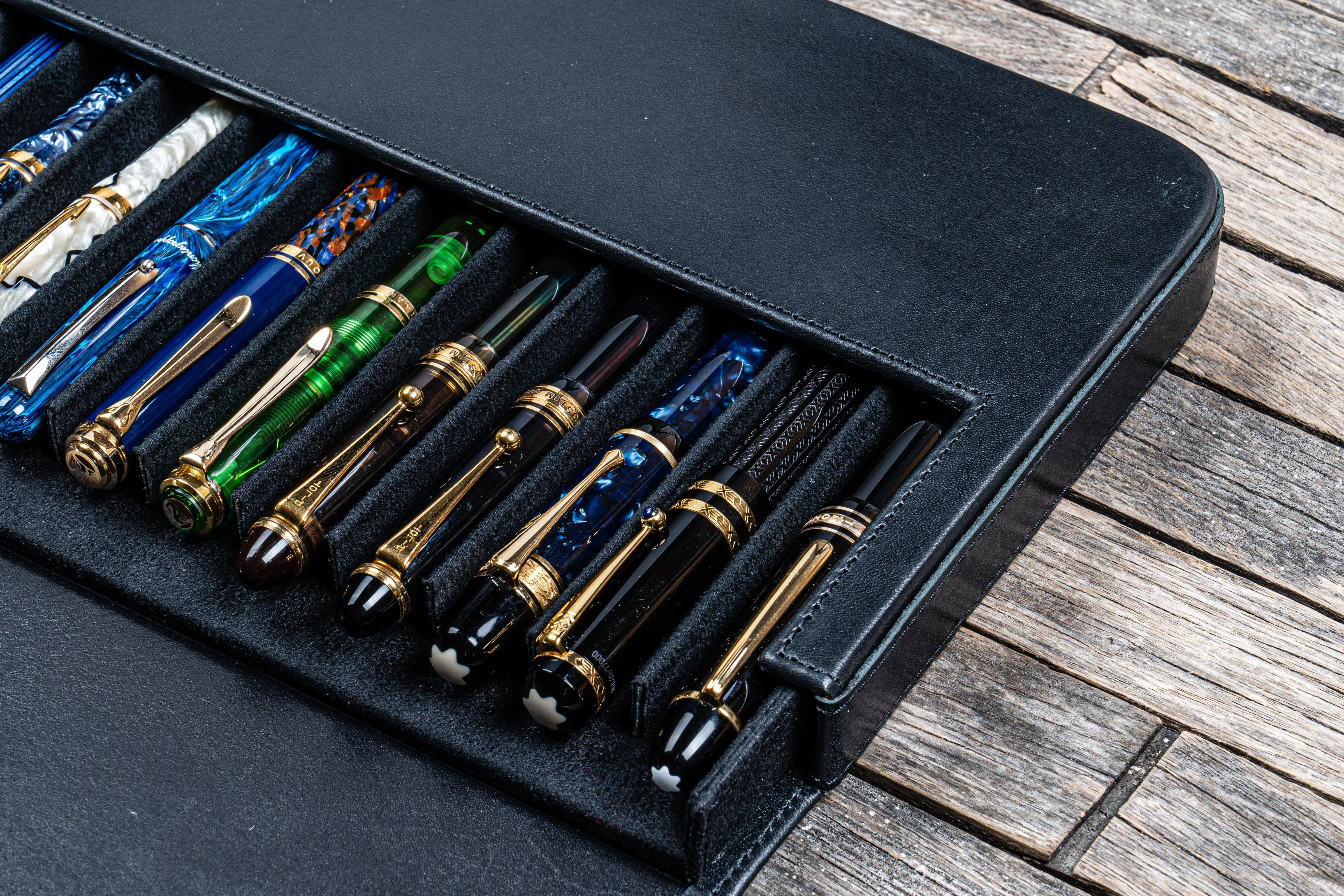 Leather Magnum Opus 12 Slots Hard Pen Case with Removable Pen Tray - Black