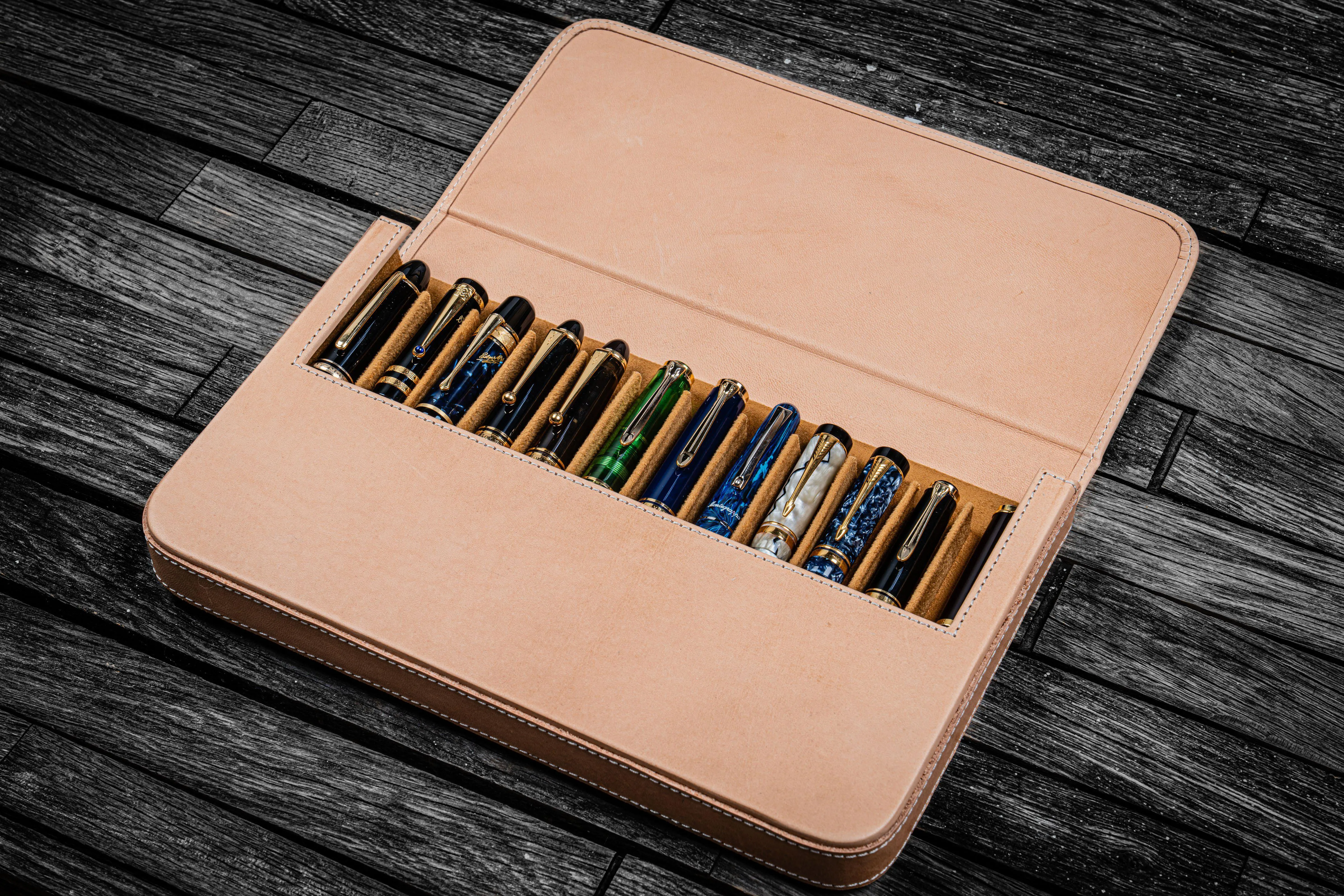 Leather Magnum Opus 12 Slots Hard Pen Case with Removable Pen Tray - Undyed Leather