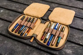 Leather Zippered 10 Slots Pen Case - Crazy Horse Brown