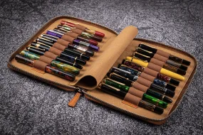 Leather Zippered 20 Slots Pen Case - Crazy Horse Brown