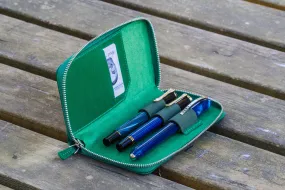 Leather Zippered 3 Slots Pen Case - Green