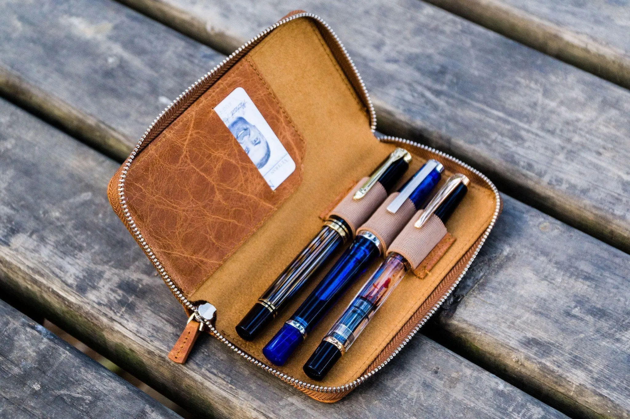 Leather Zippered 3 Slots Pen Case - Rustic Brown