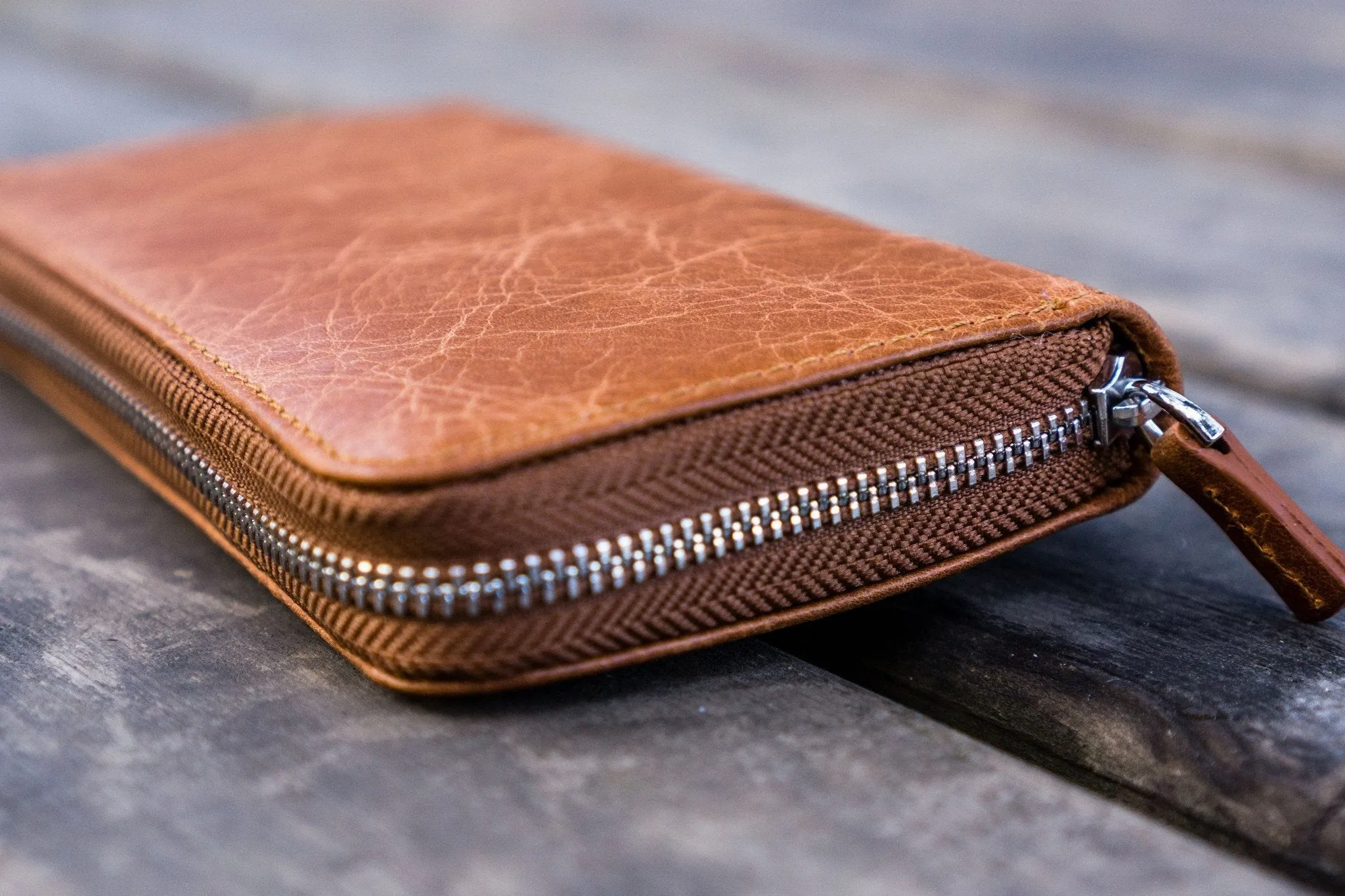 Leather Zippered 3 Slots Pen Case - Rustic Brown