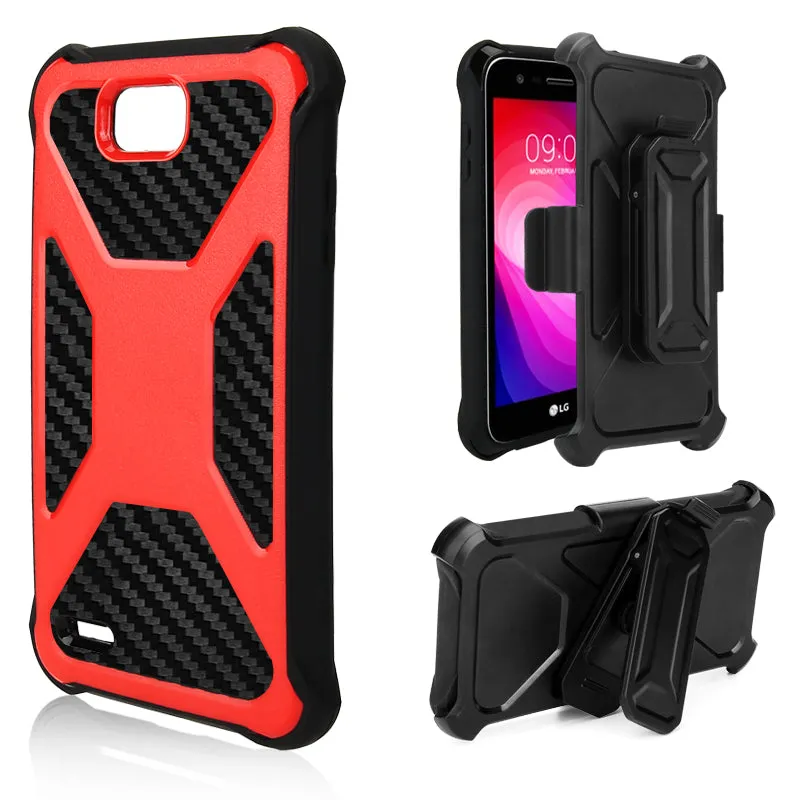 LG X Power 2 Case, LG X Charge, LG Fiesta 2, Fiesta, LG K10 Power, Rugged Slim Rotating Holster Swivel Lock Carbon Fiber Combo Clip Case Cover - Red