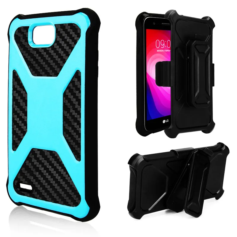 LG X Power 2 Case, LG X Charge, LG Fiesta 2, Fiesta, LG K10 Power, Rugged Slim Rotating Holster Swivel Lock Carbon Fiber Combo Clip Case Cover - Teal