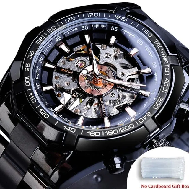 Men's Stainless Steel Waterproof Skeleton Watch Transparent Face