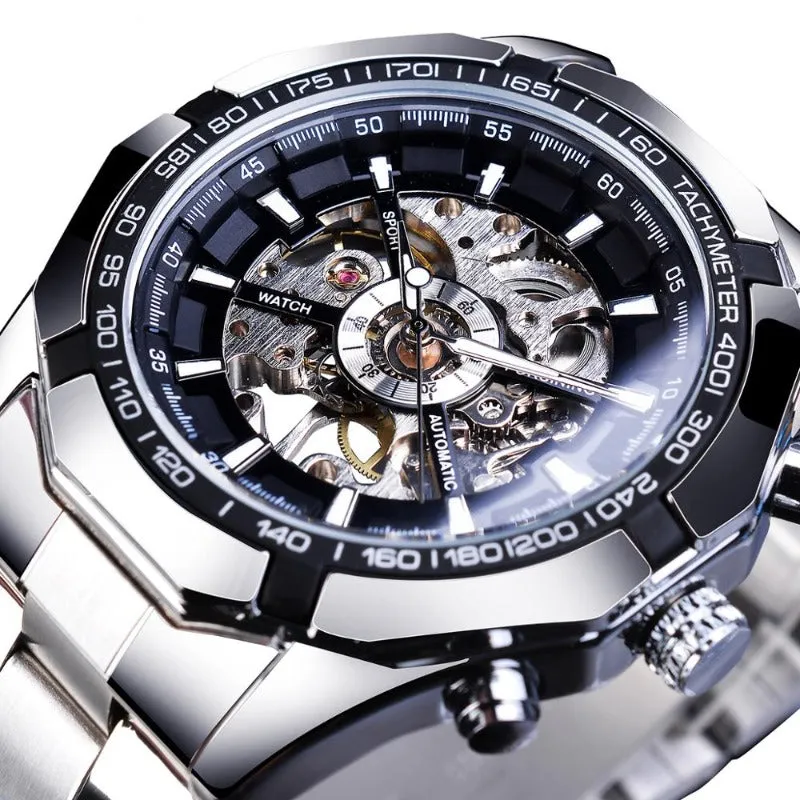 Men's Stainless Steel Waterproof Skeleton Watch Transparent Face