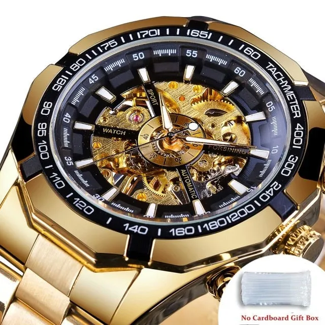 Men's Stainless Steel Waterproof Skeleton Watch Transparent Face