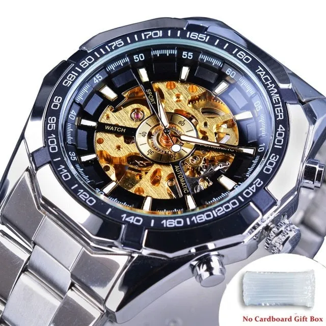 Men's Stainless Steel Waterproof Skeleton Watch Transparent Face