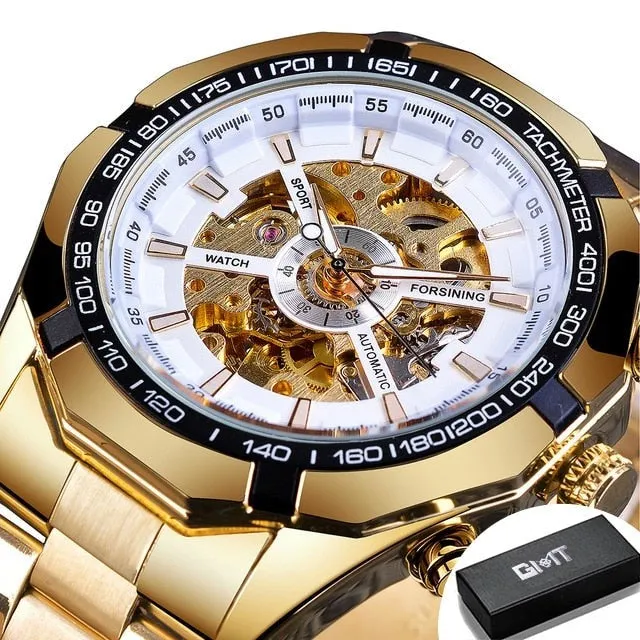 Men's Stainless Steel Waterproof Skeleton Watch Transparent Face