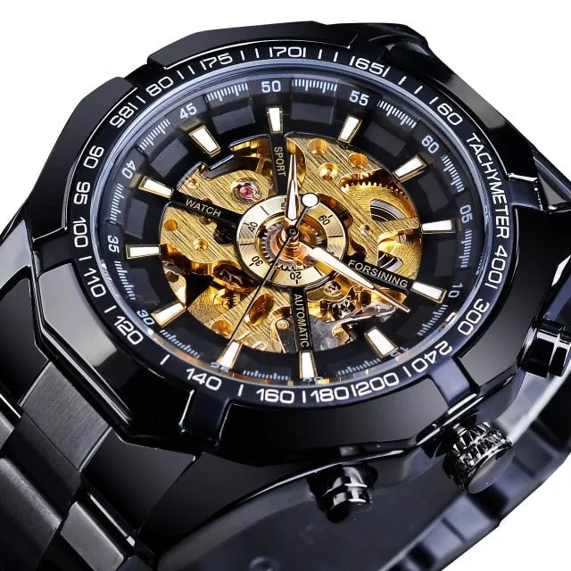 Men's Stainless Steel Waterproof Skeleton Watch Transparent Face