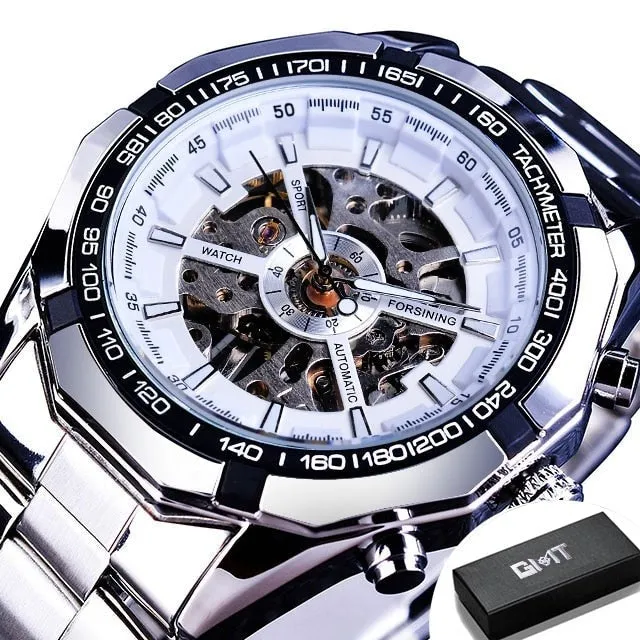 Men's Stainless Steel Waterproof Skeleton Watch Transparent Face