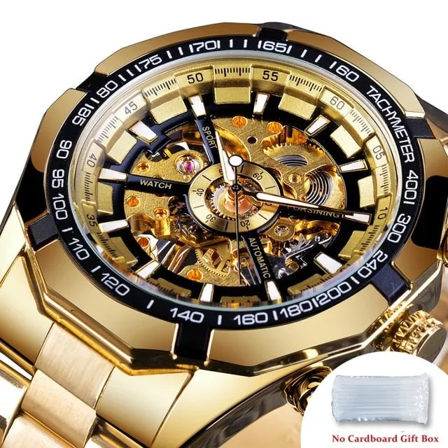 Men's Stainless Steel Waterproof Skeleton Watch Transparent Face