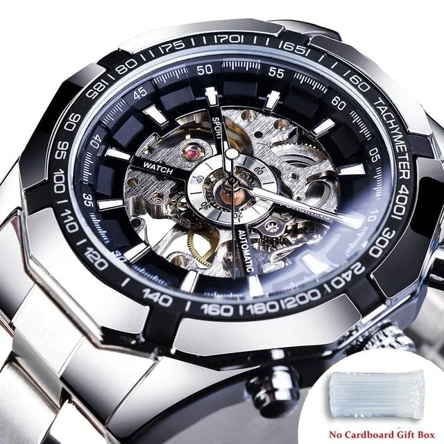 Men's Stainless Steel Waterproof Skeleton Watch Transparent Face