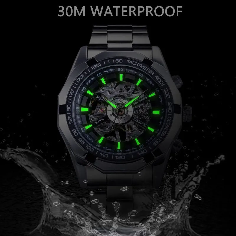 Men's Stainless Steel Waterproof Skeleton Watch Transparent Face