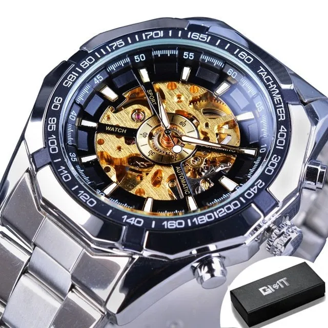 Men's Stainless Steel Waterproof Skeleton Watch Transparent Face