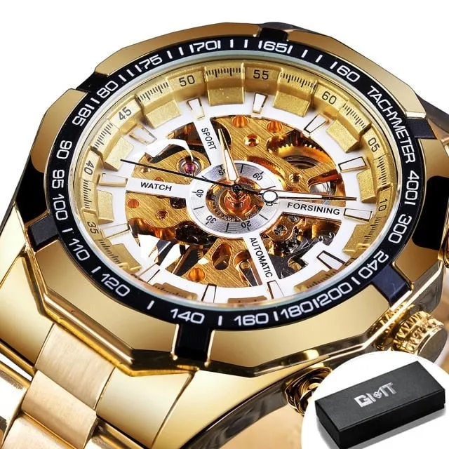 Men's Stainless Steel Waterproof Skeleton Watch Transparent Face