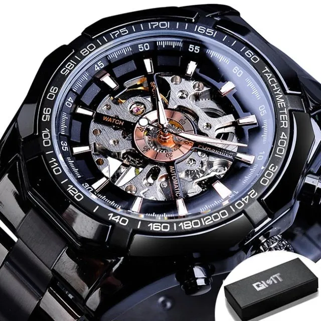 Men's Stainless Steel Waterproof Skeleton Watch Transparent Face