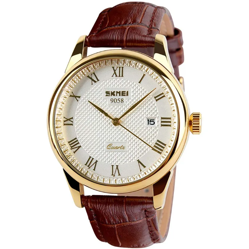 Men’s Water Resistant Roman Numeral Leather Band Wristwatch