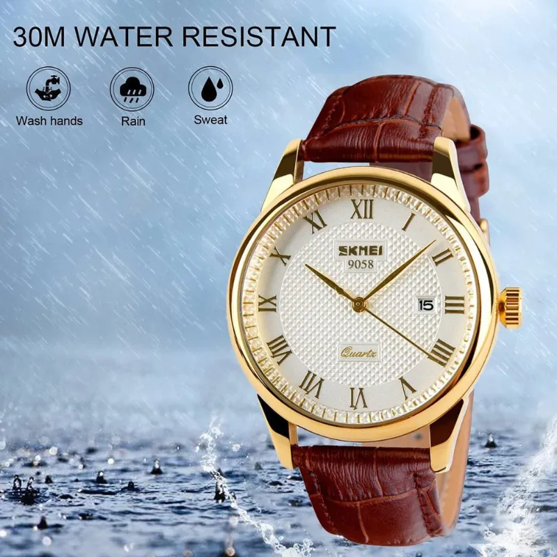 Men’s Water Resistant Roman Numeral Leather Band Wristwatch