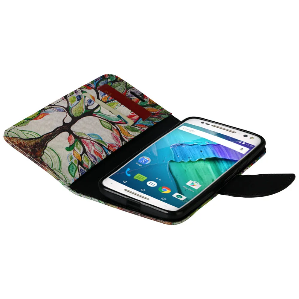 Motorola Moto X Style Case, Wrist Strap Magnetic Flip Fold[Kickstand] Pu Leather Wallet Case with ID & Card Slots - Colorful Tree