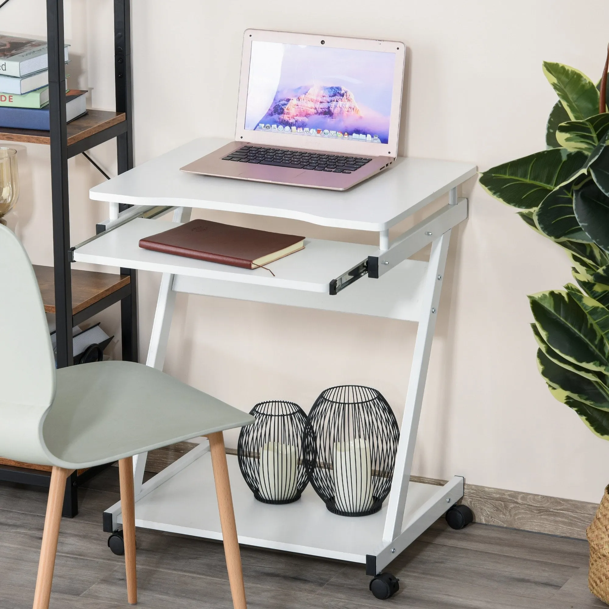 Movable Computer Desk with 4 Moving Wheels Sliding Keyboard Tray Home Office Workstation White