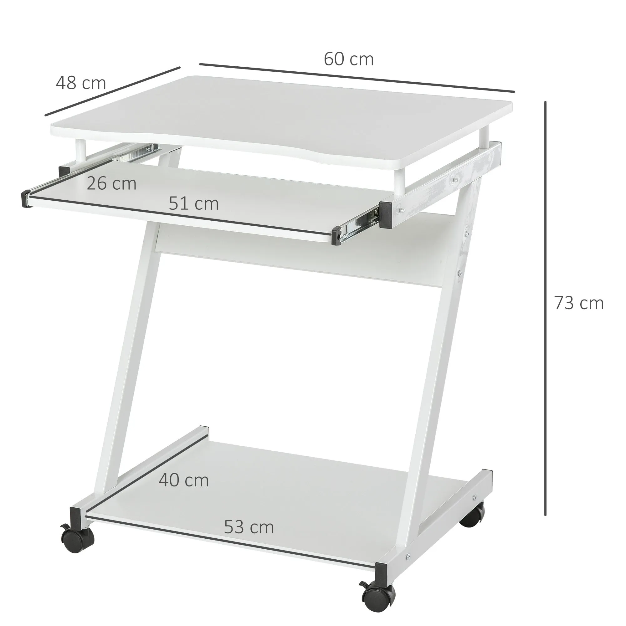 Movable Computer Desk with 4 Moving Wheels Sliding Keyboard Tray Home Office Workstation White