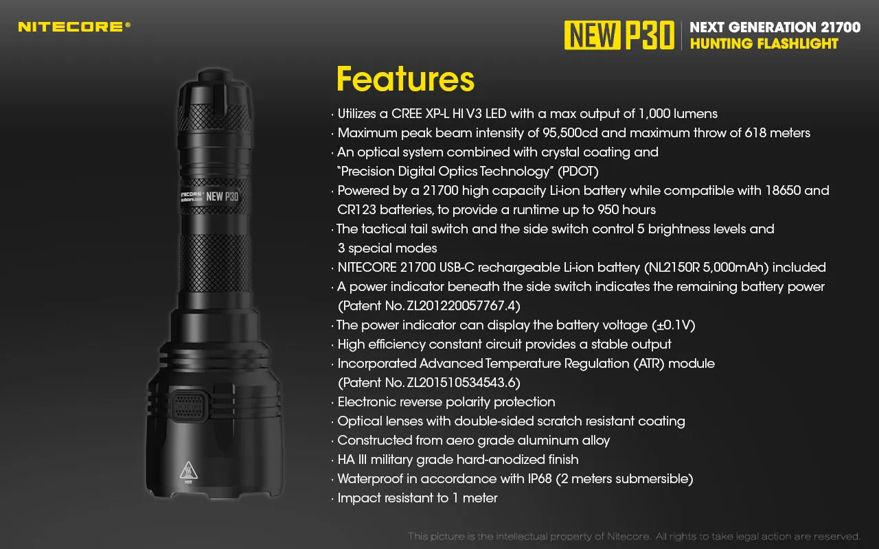 NITECORE 1000 LUMENS LONG THROW HUNTING FLASHLIGHT (P30)