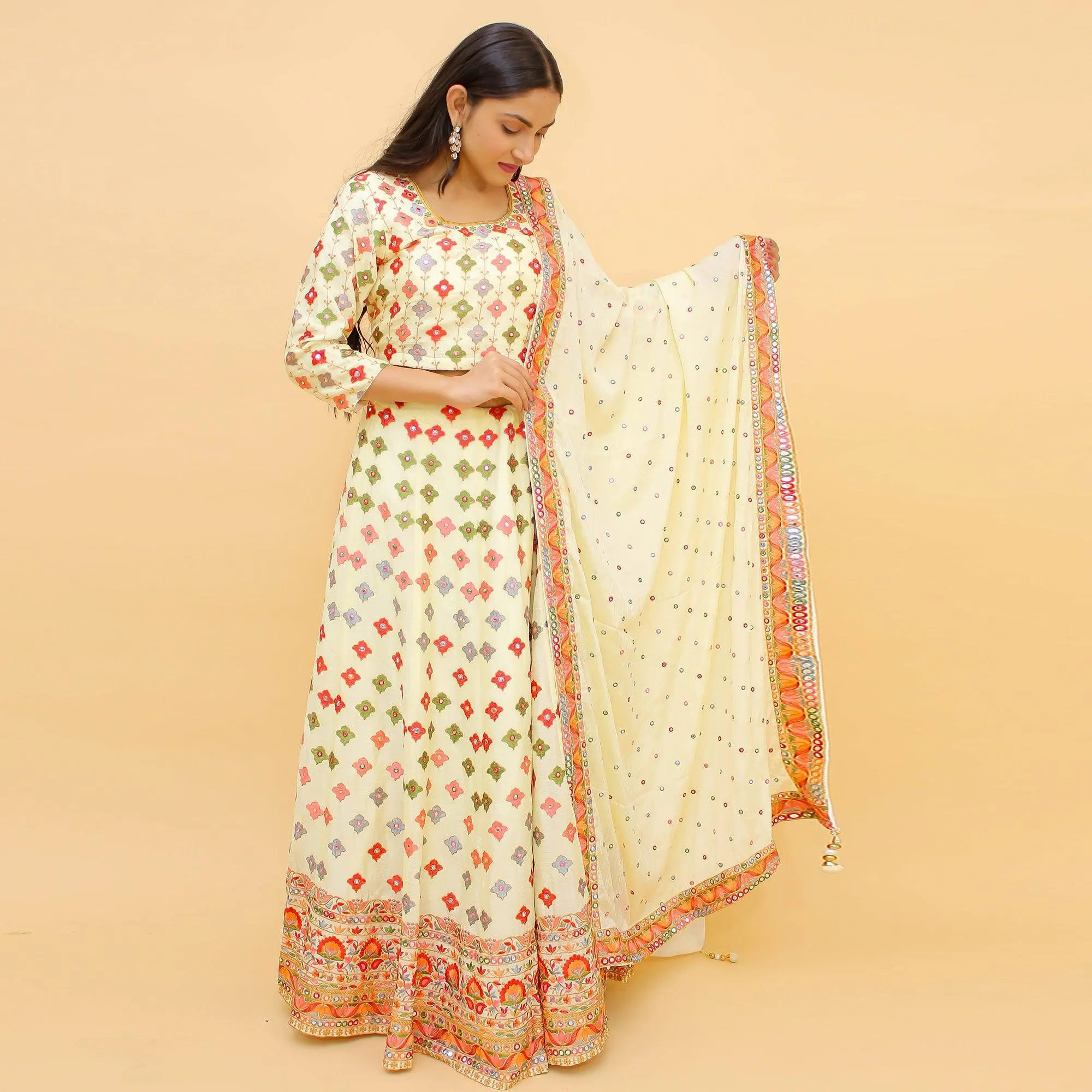 Off-White Embroidered With Embellished Chiffon Lehenga Choli