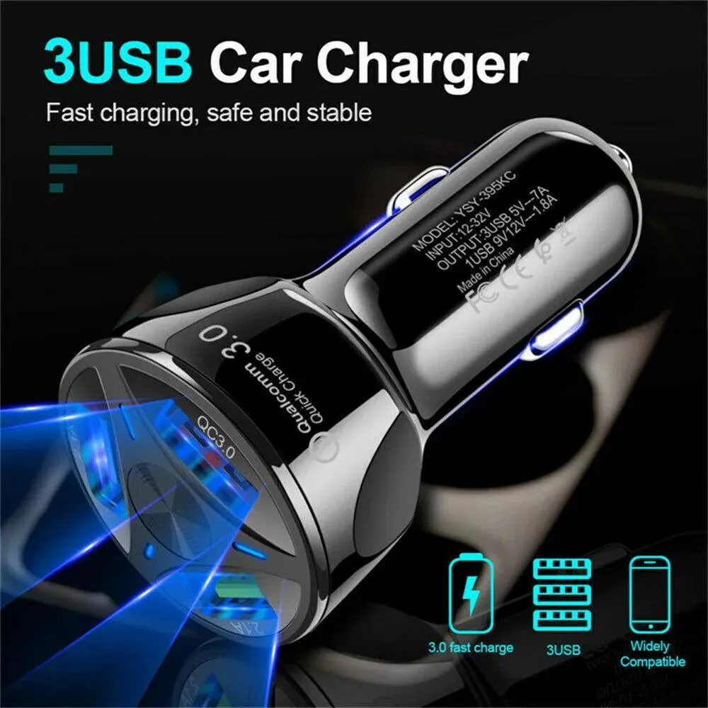 PBG 3 Port White USB Fast LED Car Charger and Charger Compatible for Iphone USB Cable Combo