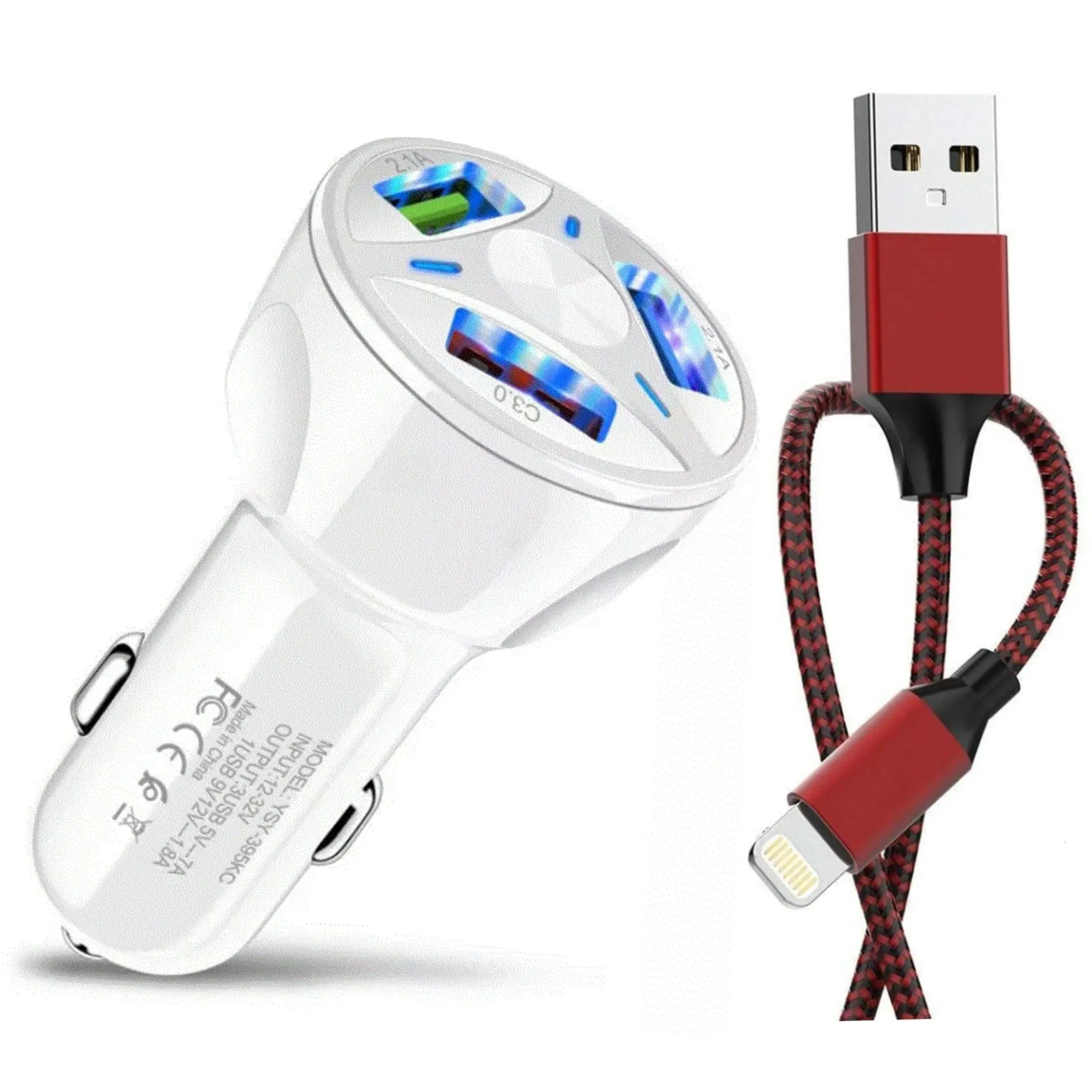 PBG 3 Port White USB Fast LED Car Charger and Charger Compatible for Iphone USB Cable Combo