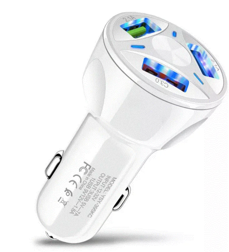 PBG 3 Port White USB Fast LED Car Charger and Charger Compatible for Iphone USB Cable Combo