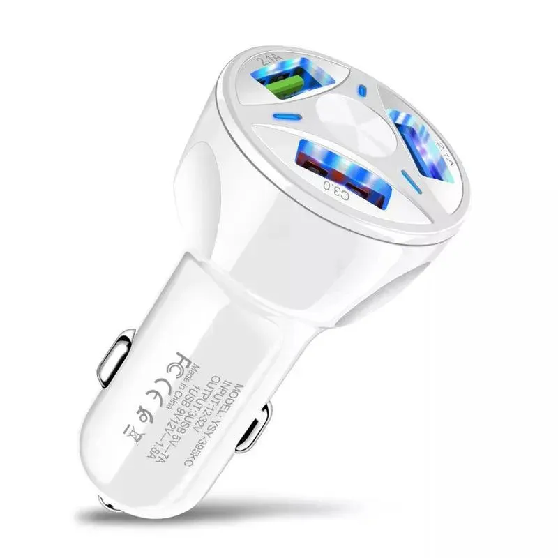 PBG 3 Port White USB Fast LED Car Charger and Charger Compatible for Iphone USB Cable Combo