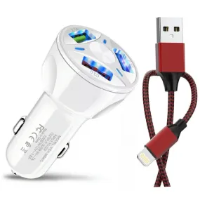 PBG 3 Port White USB Fast LED Car Charger and Charger Compatible for Iphone USB Cable Combo