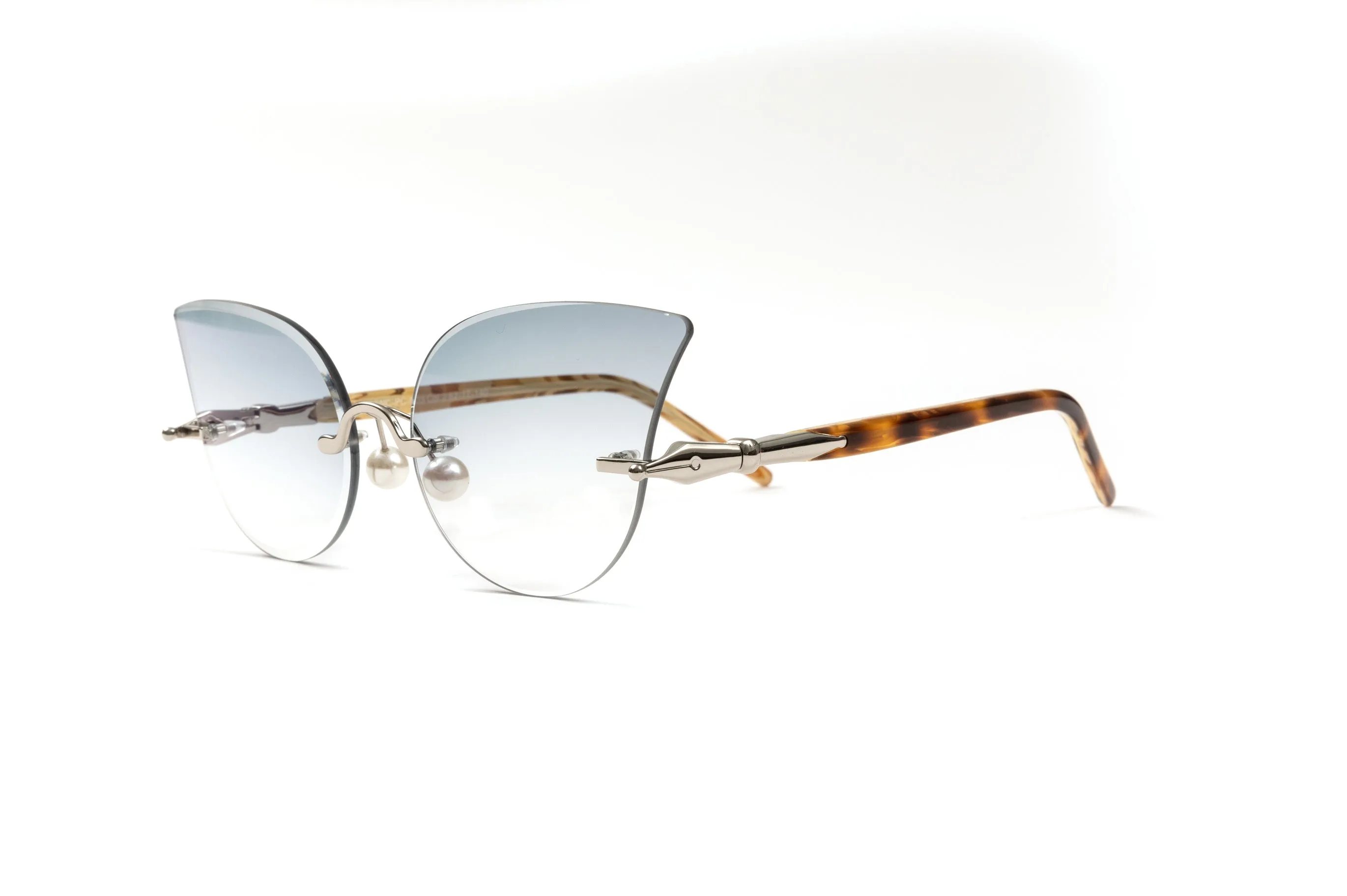 PEARL COLLECTION Silver & Tortoise Acetate Sunglasses, Gradient Grey Cateye Lenses