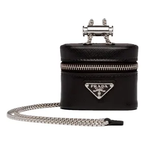 Prada Triangle Saffiano Black Leather Mini Airpods Case with Chain