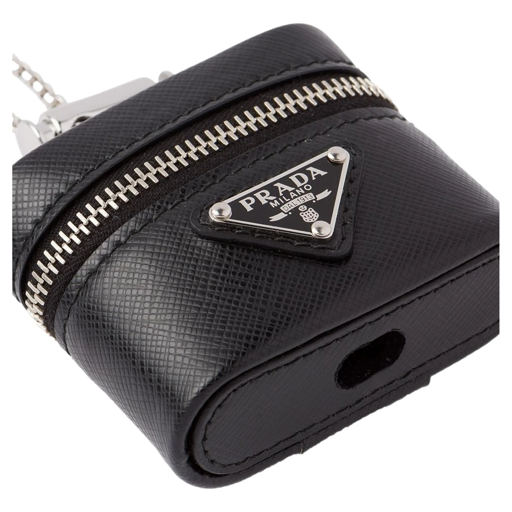 Prada Triangle Saffiano Black Leather Mini Airpods Case with Chain